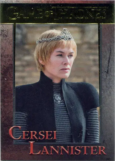 Blonde woman in dark outfit with crown on Game of Thrones chase card featuring Cersei