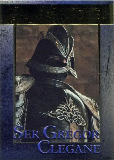 Medieval knight’s helmet and armor on Game of Thrones chase card for trading cards