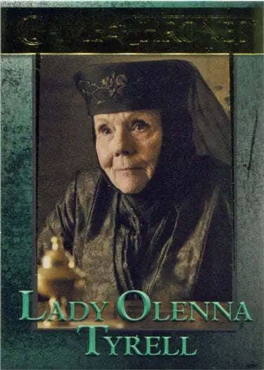 Portrait of Lady Olenna Tyrell in dark clothing from Game of Thrones trading cards chase card