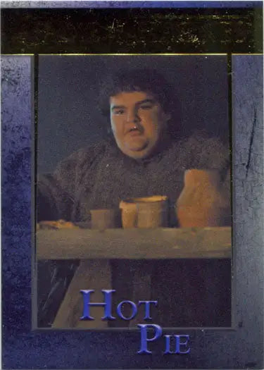 Portrait of Hot Pie in fur coat with pottery, featured in Game of Thrones chase card