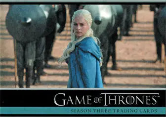 Woman in blue outfit with white-blonde hair near horses on Game of Thrones promo card