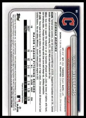 Gavin Williams Rookie 2024 Bowman #66 Cleveland Guardians - Baseball Card Single