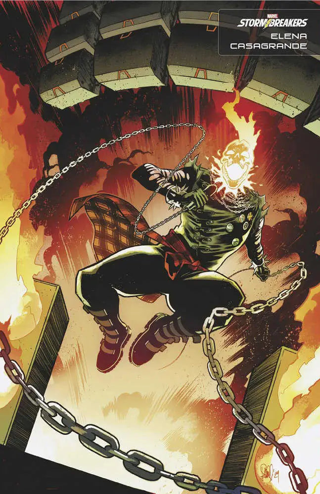 Flaming Ghost Rider figure in chains leaps dynamically on Ghost Rider trading card variant