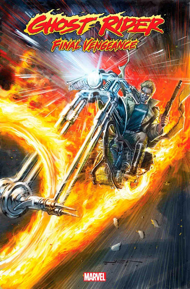 Flaming motorcycle rider in comic art style for Ghost Rider: Final Vengeance #4 trading cards