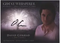 Autograph card of David Conrad with a portrait against a misty background