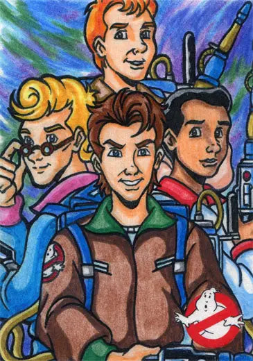 Cartoon-style Ghostbusters sketch card featuring four young men in colorful outfits