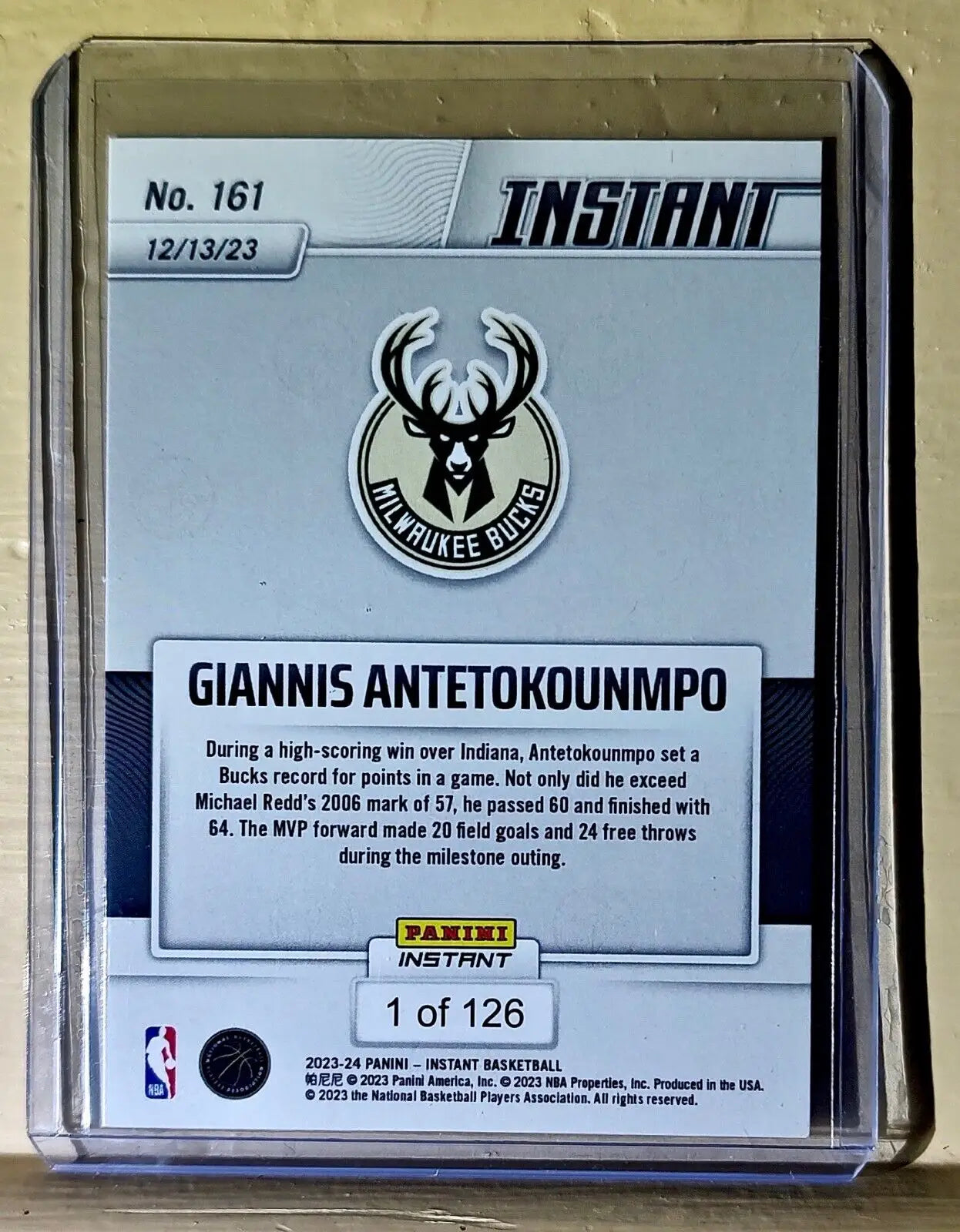 Giannis Antetokounmpo 2023-24 Panini #161 NBA Milestone Card Bucks 1 of 126 - Basketball Card Single