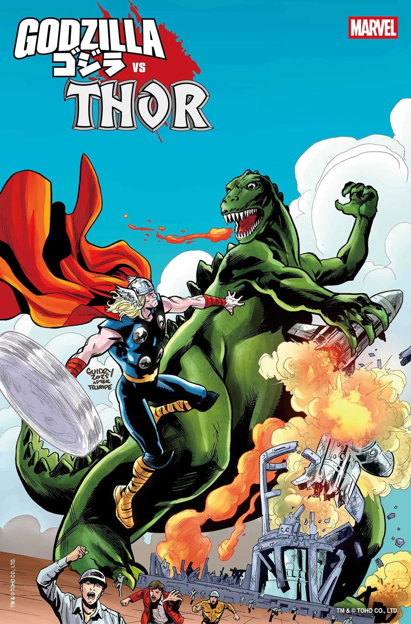 Godzilla versus Thor comic book cover featuring Gavin Guidry Godzilla King Of The Monsters homage variant