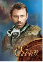 Bearded man in fur-collared coat with The Golden Compass promo card background