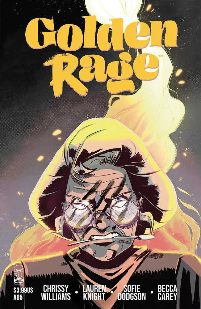 Golden Rage #5 comic book cover with flames, glasses, and dramatic artwork