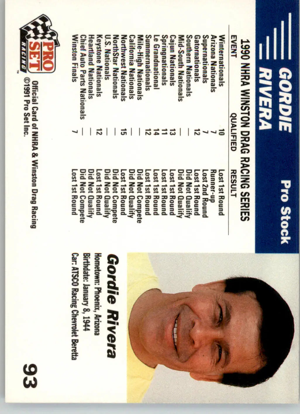 Gordie Rivera’s Car - 1991 Pro Set NHRA - #93 - Racing - Racing Card Single
