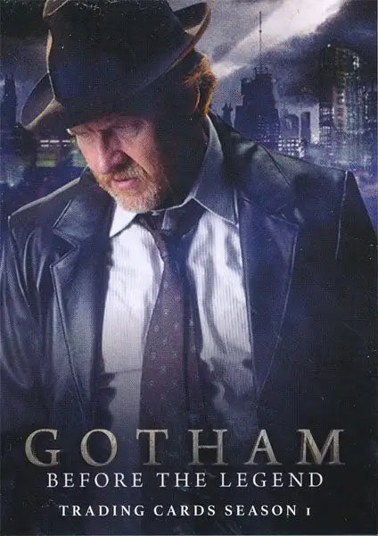 Promo card featuring a man in a hat and coat against a dark Gotham city backdrop