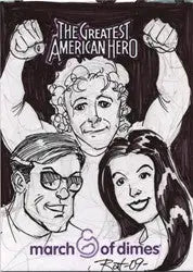 Black and white illustration of three people on Greatest American Hero sketch card by Bat Hilliard