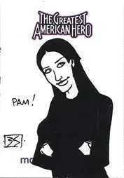 Black and white sketch card of a smiling woman by Blair Shedd in a black top