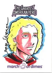 Stylized portrait of blonde curly hair person in red jacket on Brian Shearer Sketch Card
