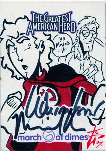 Sketch-style illustration of cartoon characters for Greatest American Hero autograph card
