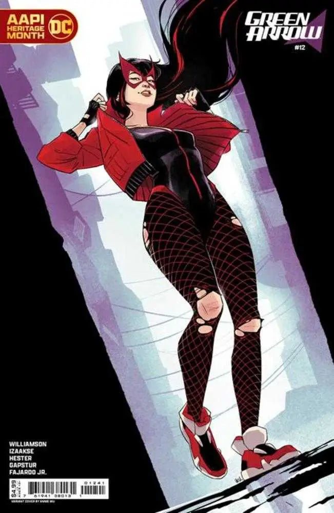 Comic book cover art of a superhero in black and red costume for trading cards