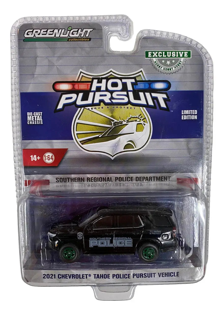 Die-cast model of a 2021 Chevrolet Tahoe Police pursuit vehicle in packaging for Vehicle PA Hobby