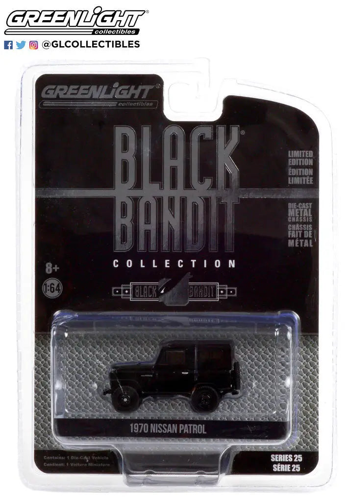Die-cast model of 1970 Nissan Patrol in black packaging from Black Bandit Series