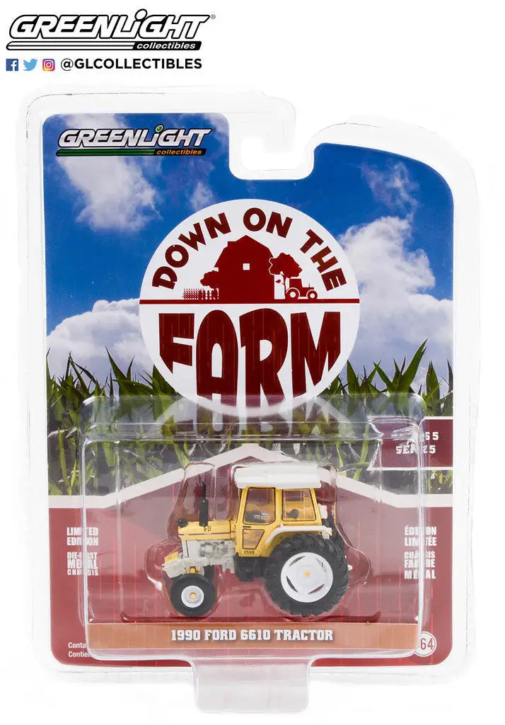 Yellow Ford 8210 tractor toy in packaging from Greenlight Farm Series 5