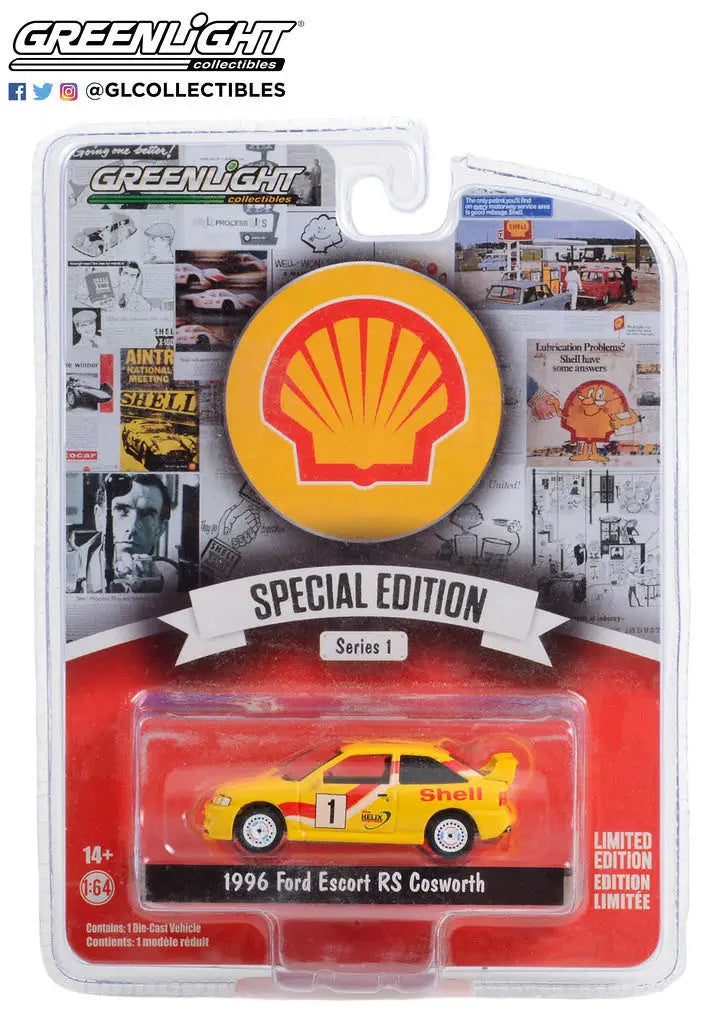 Yellow die-cast 1996 Ford Escort RS Cosworth in Shell Edition Series packaging