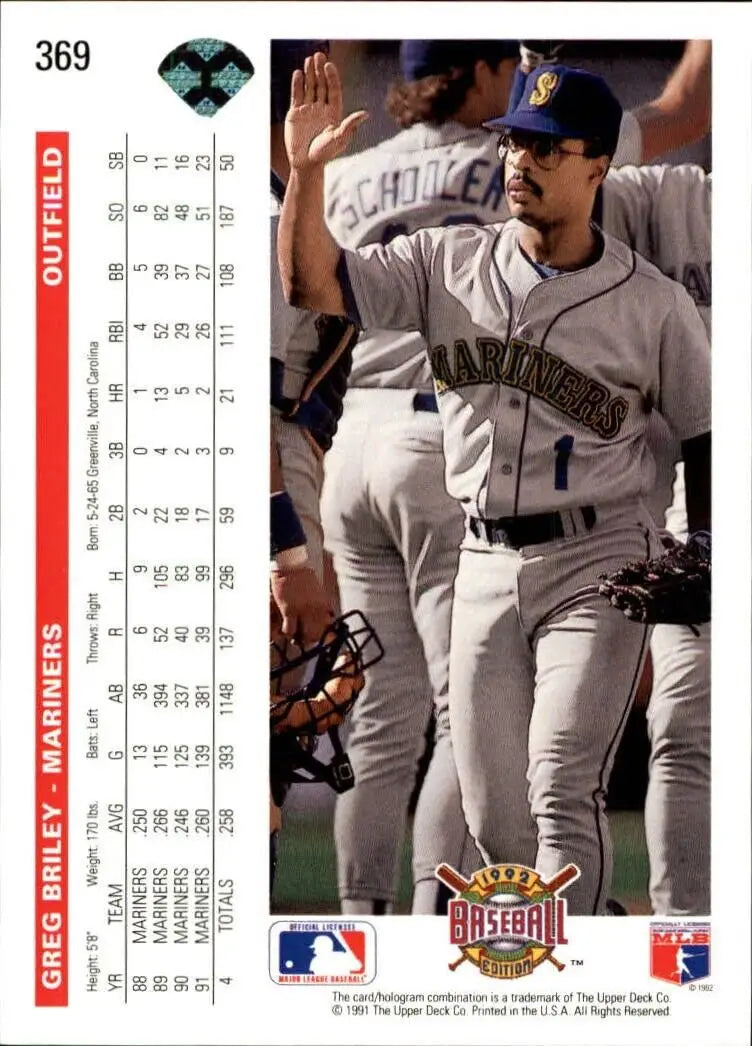 Greg Briley 1992 Upper Deck MLB #369 Baseball Card Seattle Mariners