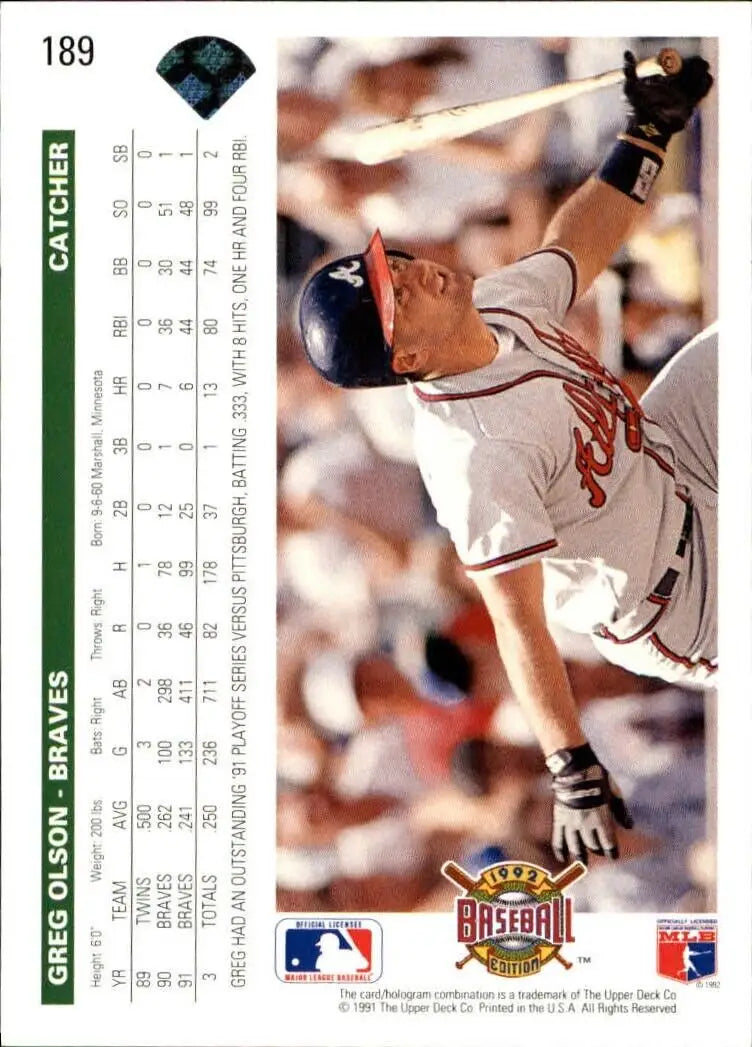 Greg Olson 1992 Upper Deck MLB #189 Baseball Card Atlanta Braves