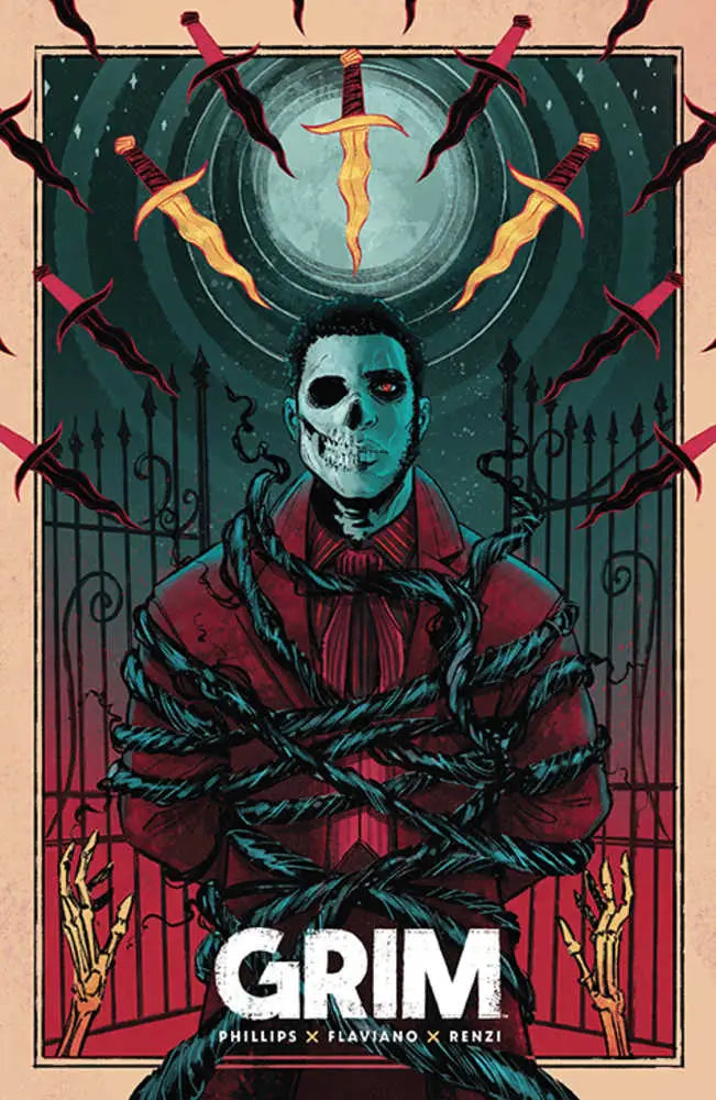 Skull figure in red jacket with crossed daggers for Grim #17 trading cards