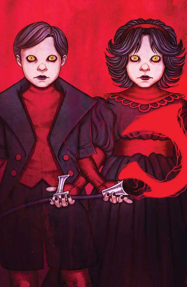 Gothic-style illustration of children in red and black for Grim #4 trading cards