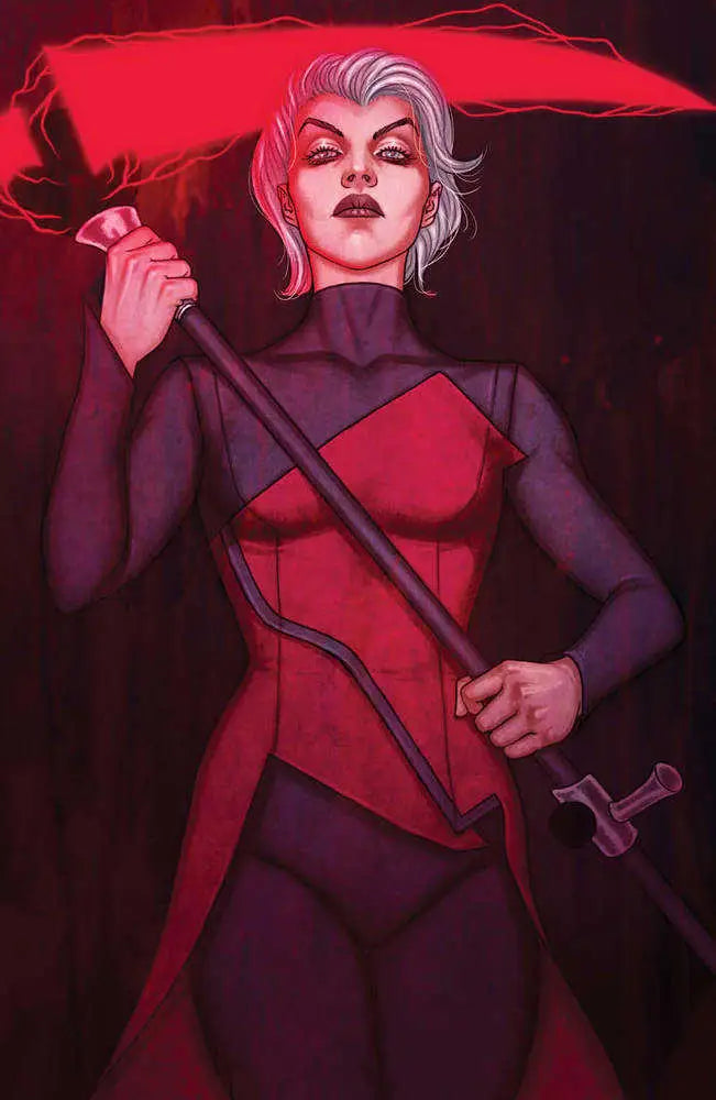 Female character in red and purple superhero costume with sword for Grim #5 trading cards