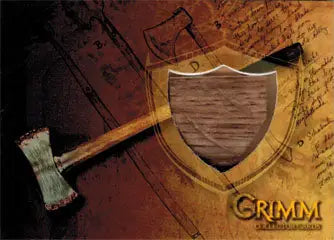 Shield-shaped wooden plaque with GRIMM, featured in dual head Fire Axe variant card