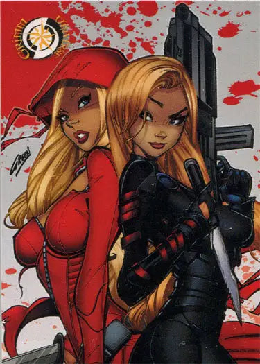 Stylized illustration of action-packed women with weapons on Grimm Universe promo card