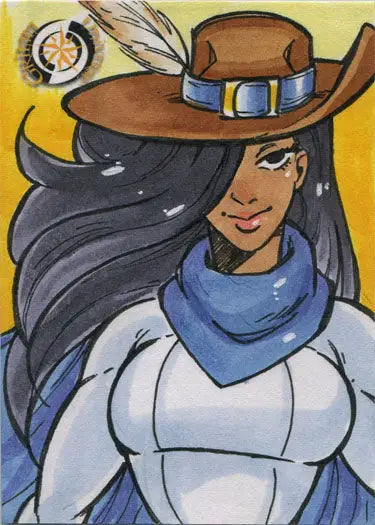 Stylized illustration of a person in a brown hat and blue scarf on Kat Maus sketch card