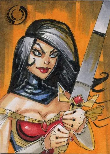 Stylized illustration of a fierce woman warrior with sword on Kenneth Hutchenson sketch card