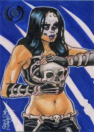 Stylized woman in skull body paint holding a skull in Leon Braojos sketch card art
