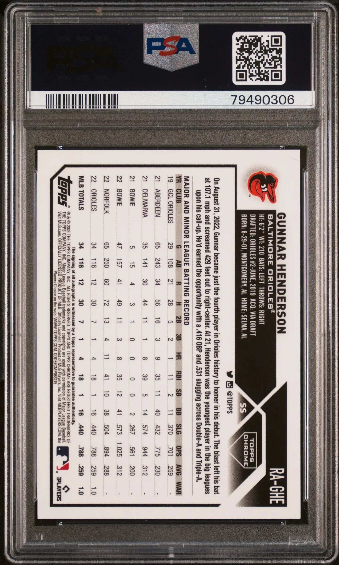 Graded Gunnar Henderson baseball card featuring Topps Chrome Purple Speckle Auto Label