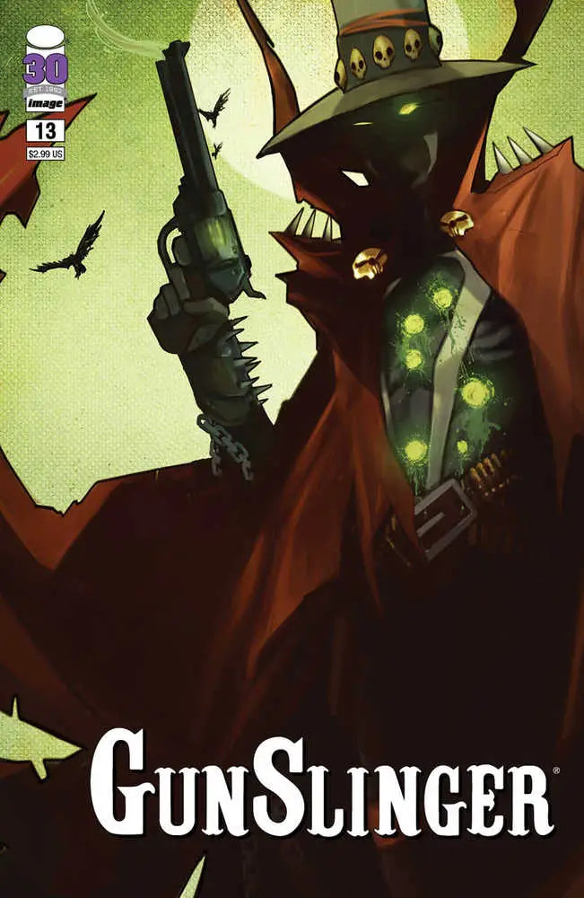 Dark silhouetted figure in hat and cloak on Gunslinger Spawn #13 trading card cover