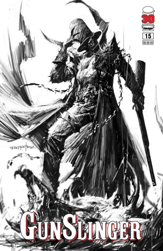 Dynamic black and white comic cover art featuring a gunslinger for Gunslinger Spawn #15 trading cards