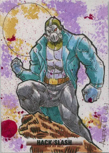 Muscular Hack Slash Bad comic character in gas mask and teal jacket by Alfret Le V1