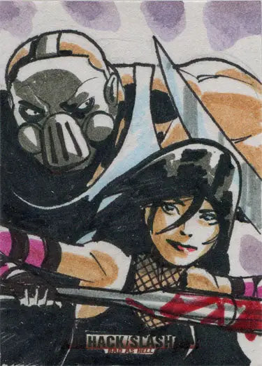 Stylized illustration of Hack/Slash characters with a mask and pointed helmet in card art