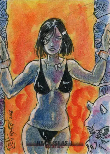 Stylized illustration of a woman in a black bikini for Hack/Slash Bad As Hell 5finity card