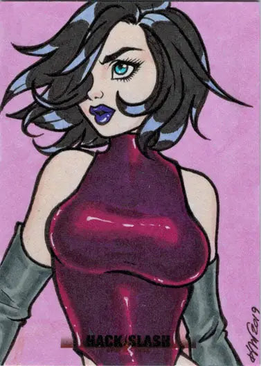 Stylized illustration of a woman in shiny purple top from Hack Slash Bad As Hell