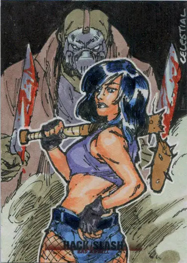 Stylized comic art of blue-haired woman with sword from Hack Slash Bad As Hell 5finity card