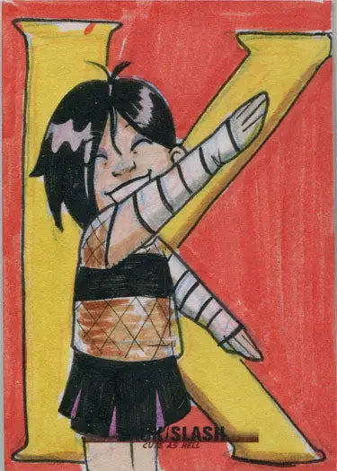 Cartoon of black-haired person dabbing in front of yellow K for Hack Slash Cute card