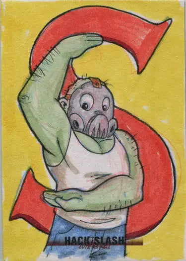 Cartoon character with green skin and bulging eyes holding red letter S in Hack Slash Cute card