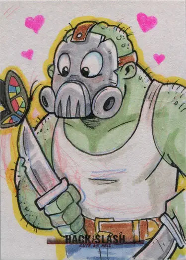 Cartoon green creature in gas mask holding knife, hearts backdrop, Hack Slash Cute product