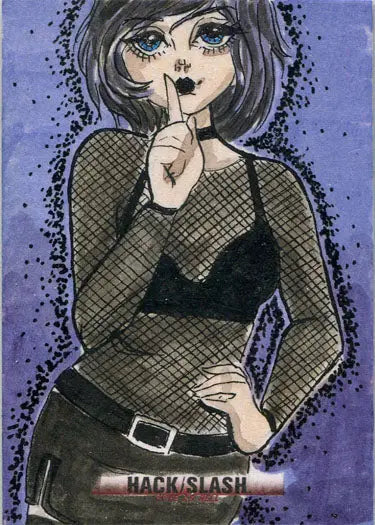 Stylized illustration of a woman shushing, featured in Hack Slash Cute As Hell 5finity card