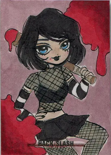 Stylized cartoon drawing of a goth female with fishnet clothes for Hack Slash Cute