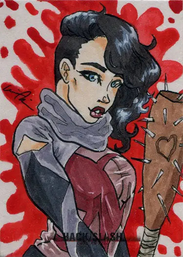 Stylized illustration of a woman in red with scarf on hack slash cute sketch card