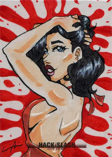 Stylized portrait of a woman with dark hair on red background for Hack Slash Cute card
